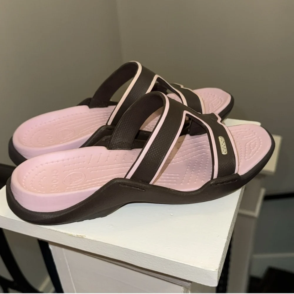 CROCS Florence Pink Brown Mules Slide Slip On Strappy Sandels Flip Flops Size 9 - Picture 4 of 6